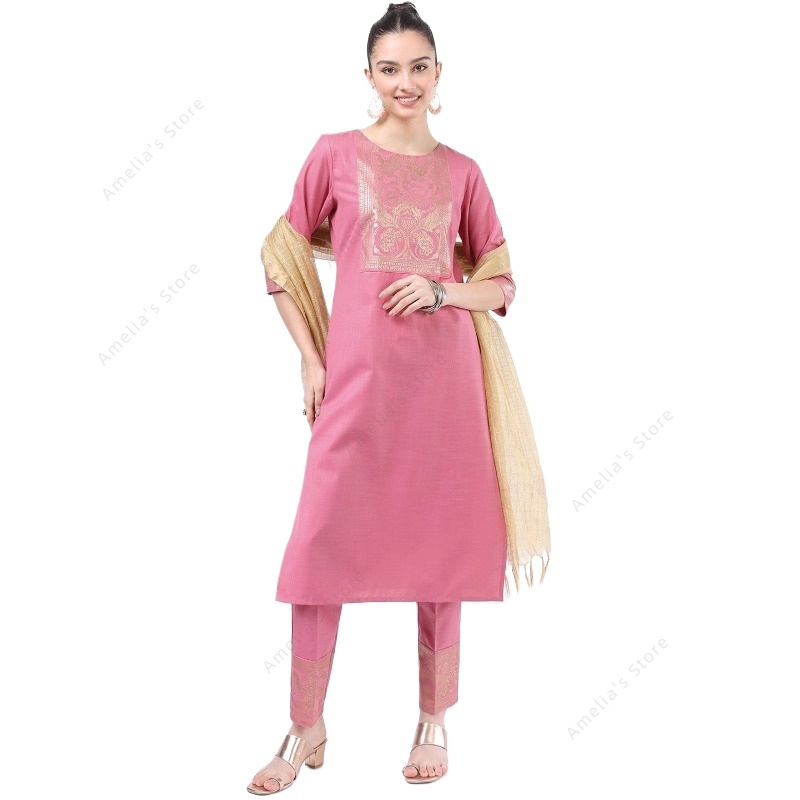 Salwar Kameez Set - Ensemble 3 pièces Kurta rose indien/