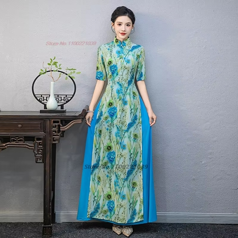 Ao Dai Vietnam Dress - Robe aodai vietnamienne, imprimé floral national,